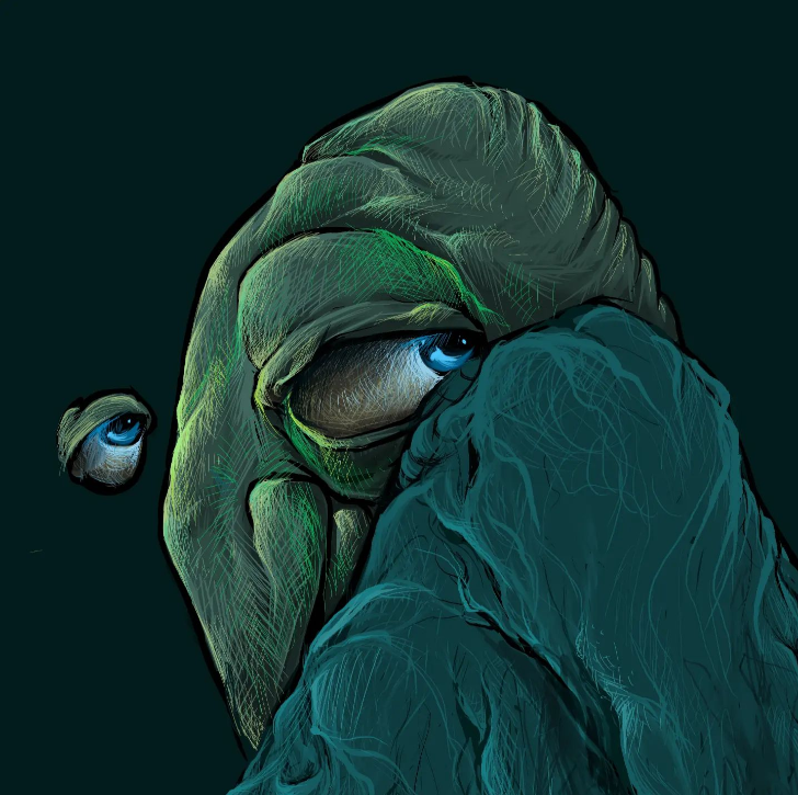 Turquoise creature with blue eyes, partially hidden in the folds of its body.